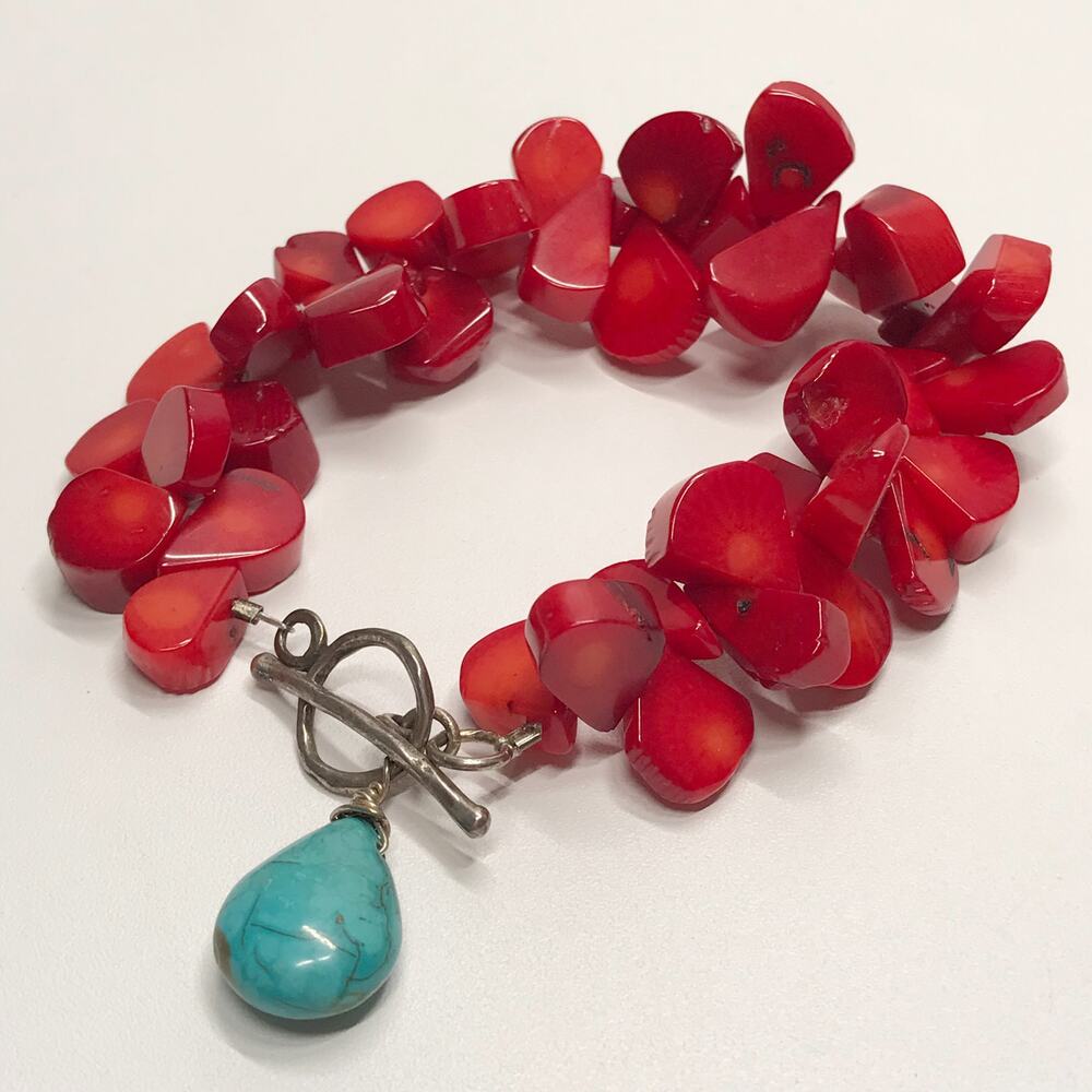 925 Sterling Silver Turquoise Red Coral Drop Beaded Chunky Bracelet Southwestern